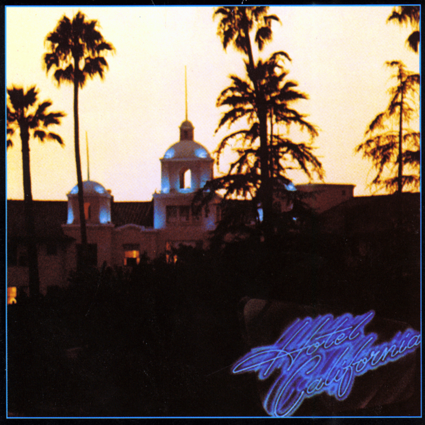 Sunset sky with palm trees silhouetted in front of a building with domed towers and a neon sign reading 'Hotel California'.