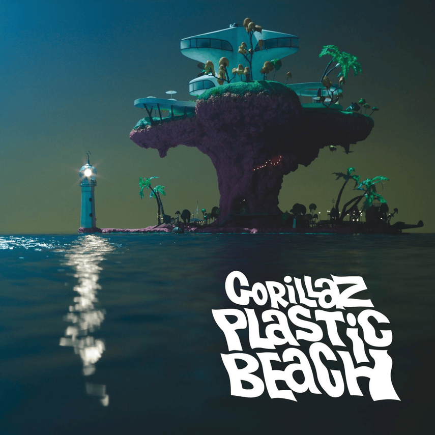 Animated image of a futuristic floating island with large structures, trees, and a lighthouse on the coast, with the text 'Gorillaz Plastic Beach' in graffiti style at the bottom.