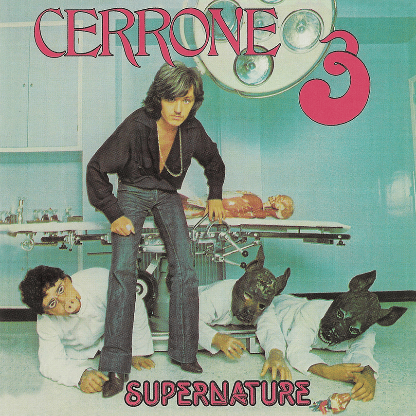 Album cover of Cherrone 3 Supernature, featuring a woman standing on two humanoid figures with animal heads, inside a clinical room with medical equipment and a patient on a table.