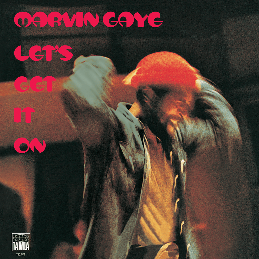 Marvin Gaye with red hair, wearing a jacket, with text "Marvin Gaye Let's Get It On" in pink letters, blurred background.