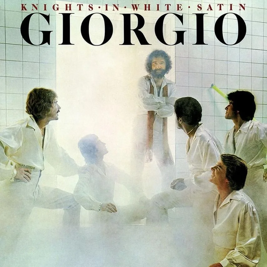 Album cover art for Giorgio's "Knights in White Satin," featuring six characters in white uniforms in a foggy, tiled room, with one standing elevated and the others seated or standing around him, all engaged in a conversation.