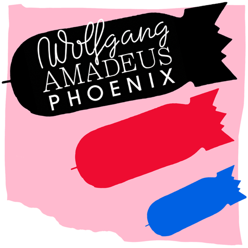 Stylized graphic with three bomb shapes in black, red, and blue, with text inside the black shape that reads 'Wolfgang Amadeus Phoenix' on a pink background.