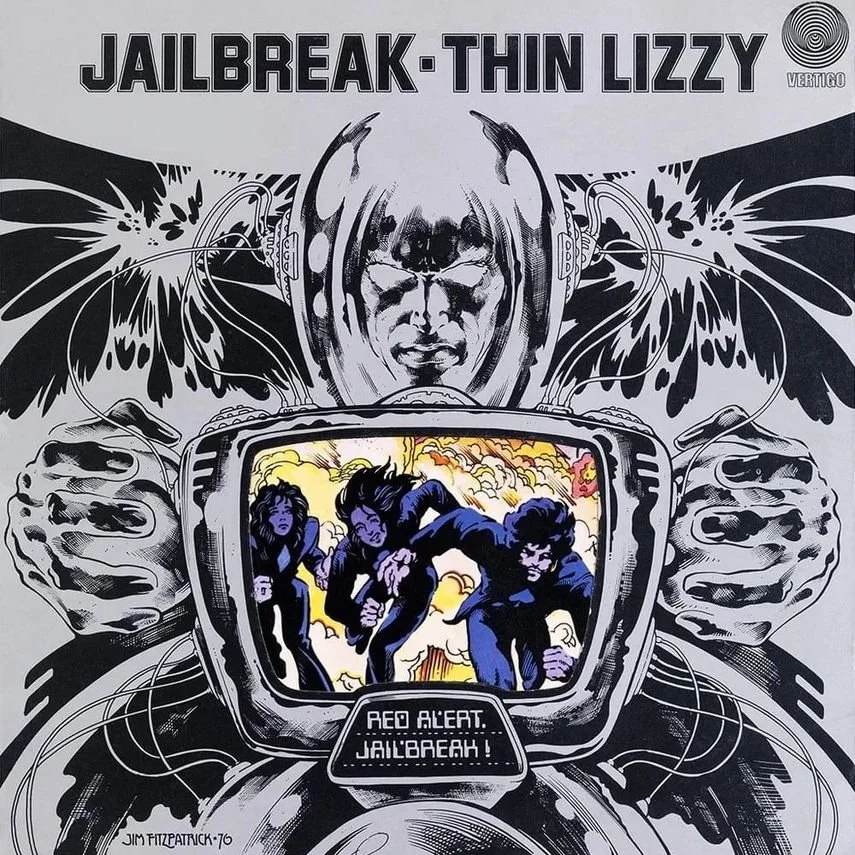 A black and white illustrated cover art featuring a person wearing a helmet with headphones and wires, emitting an explosion of butterflies. Inside the helmet's visor, three individuals are running with a fiery explosion behind them. The text reads 'Jailbreak Thin Lizzy' and 'Red Alert Jailbreak!'