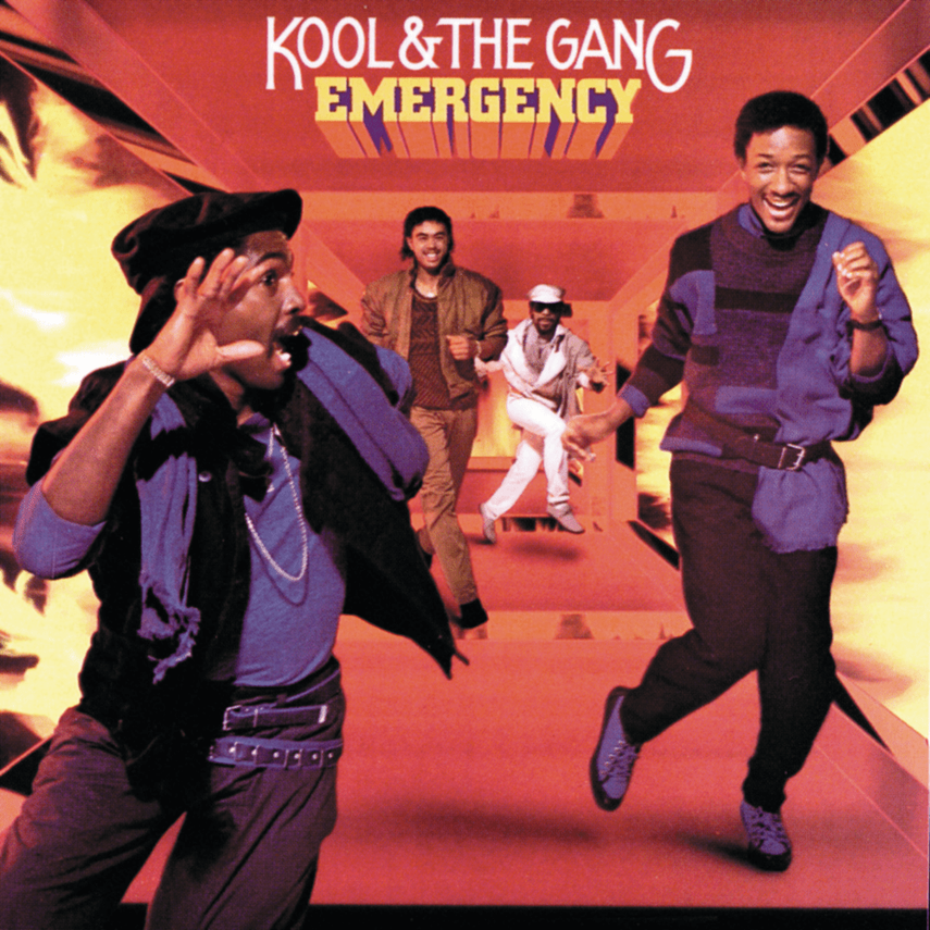 The album cover for Kool & The Gang's "Emergency" features the band members dancing and smiling in a colorful, geometric background. The band name and album title are at the top.