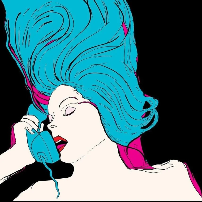 Pop art style illustration of a woman with long flowing blue hair holding a vintage blue telephone receiver to her ear with her eyes closed and lips slightly parted.