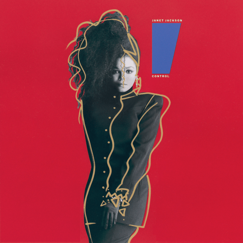 Album cover featuring a woman with mixed black and white face, wearing a black outfit with gold outline, red background, and a geometric blue and red shape with the text "Janet Jackson Control."