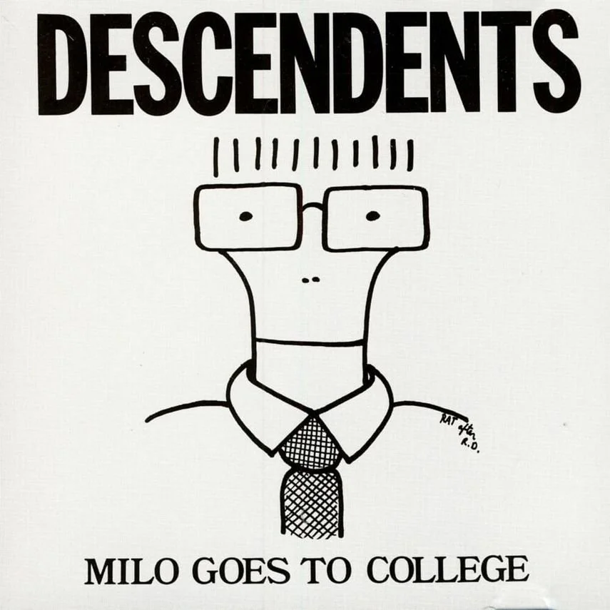 A cartoon drawing of a person with glasses, a collared shirt, and a tie, with the word "DESCENDENTS" above and the phrase "MILO GOES TO COLLEGE" below.