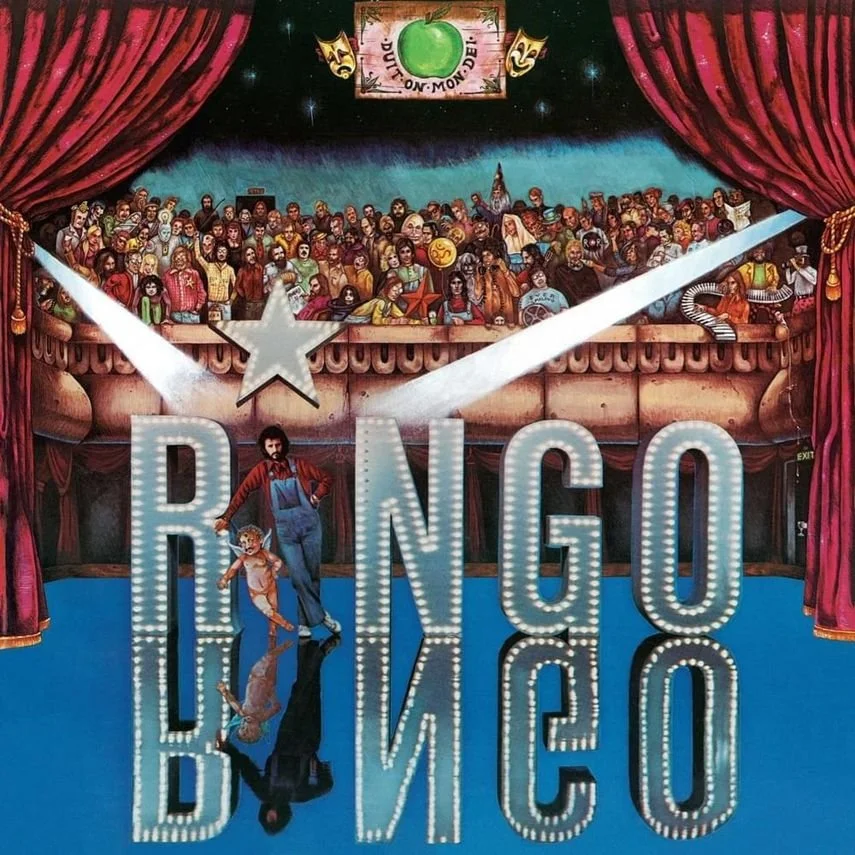 A colorful illustration of a theatrical stage with red curtains, an audience in the background, and a large sign reading "RINGO" with bright lights. A man and a child are dancing on a mirrored floor in front of the sign, with the man leading and the child following.