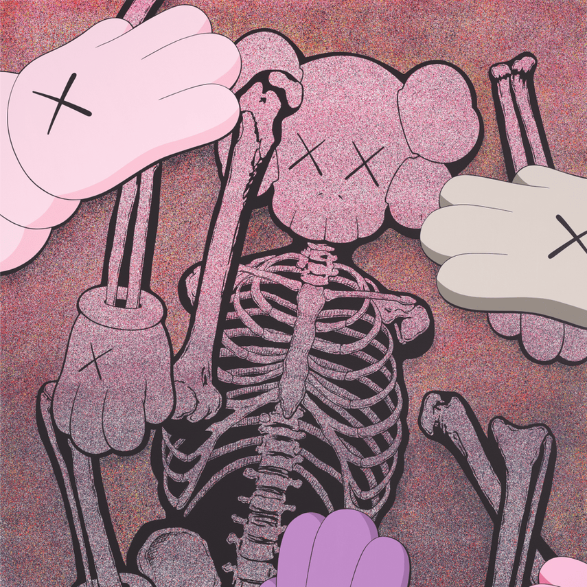 Digital illustration of a cartoon skeleton with X's for eyes, surrounded by abstract clouds and bones, with a textured pink background.