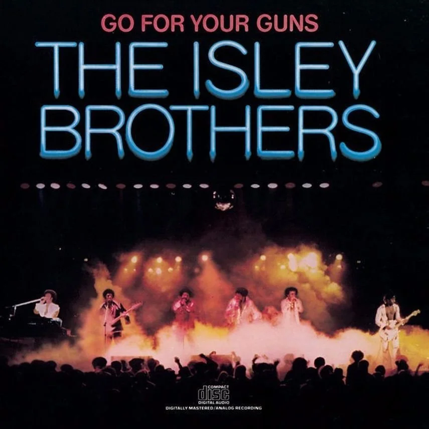 Concert stage with six band members performing and audience in foreground, with large illuminated text overhead reading 'GO FOR YOUR GUNS' and 'THE ISLEY BROTHERS'.