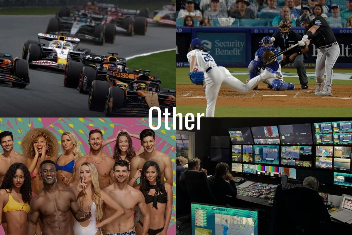 A collage of four images showing different activities: top left shows race cars on a track, top right shows a baseball game with a batter swinging and a pitcher pitching, bottom left shows a group of smiling young people in swimwear, bottom right sho