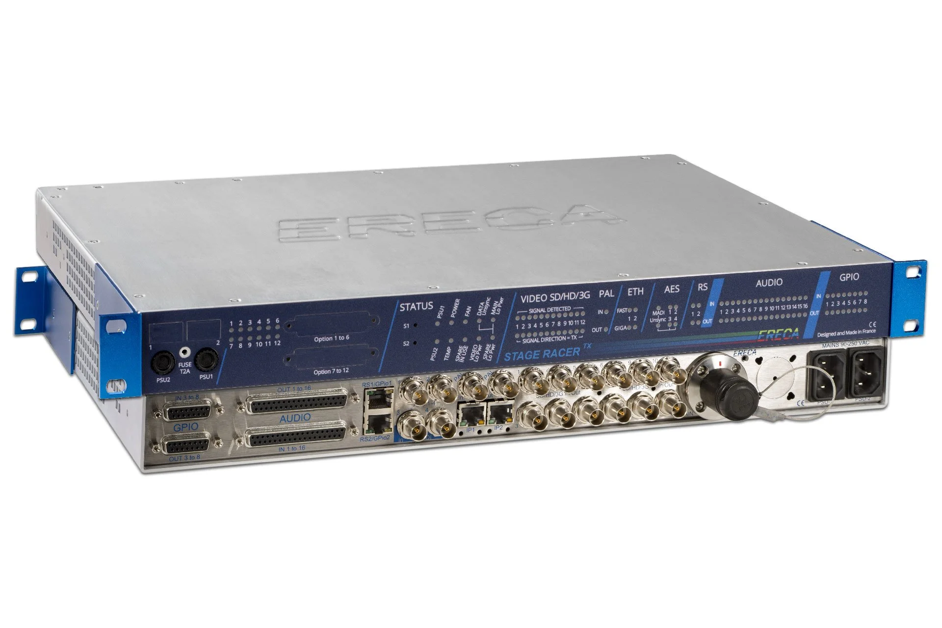 A professional electronic device with various input and output ports, controls, and indicators, labeled as Stage Racer by Ereca.