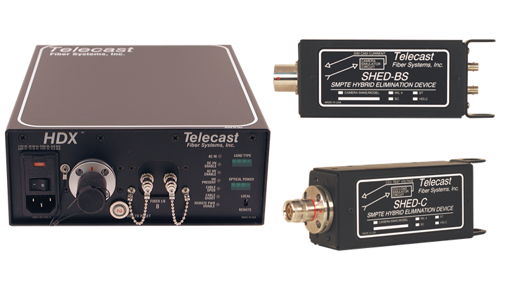 Two fiber optic equipment units and one hybrid elimination device with coaxial connections, labeled with Telecast and Samsung logos.
