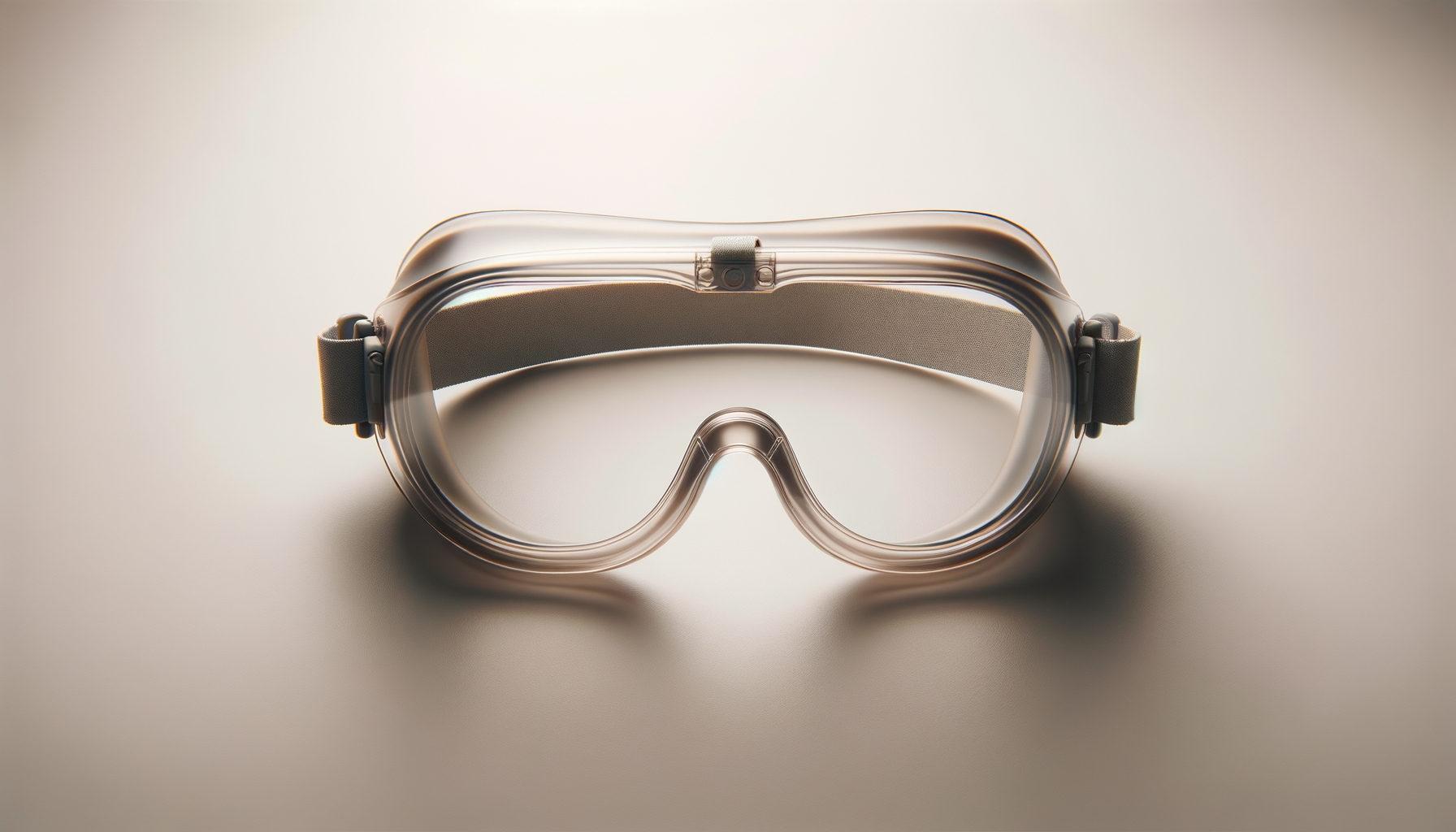 A pair of clear protective goggles with a gray strap and frame, resting on a neutral surface.