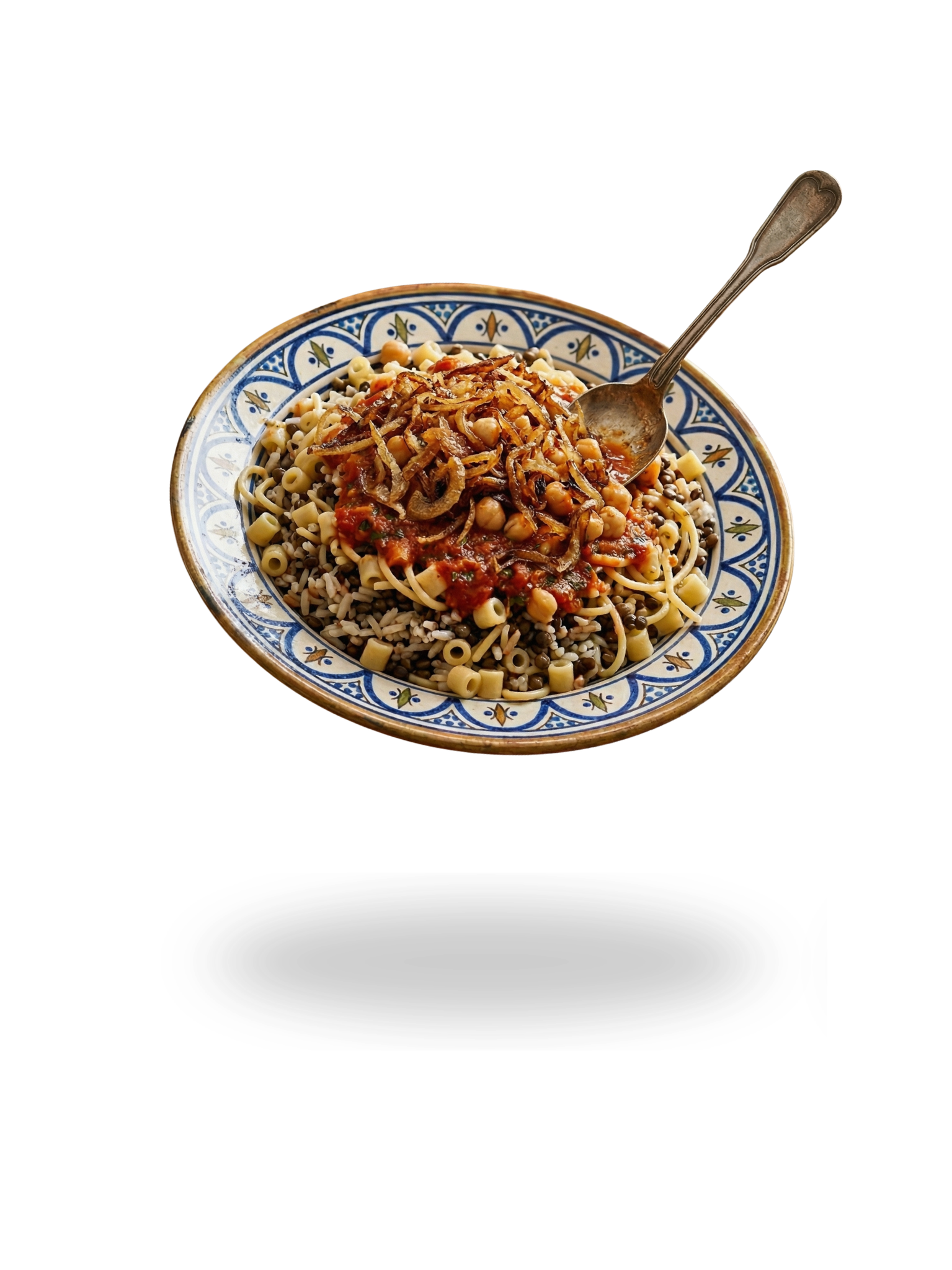 Authentic Egyptian Koshary bowl with crispy onions and tomato sauce