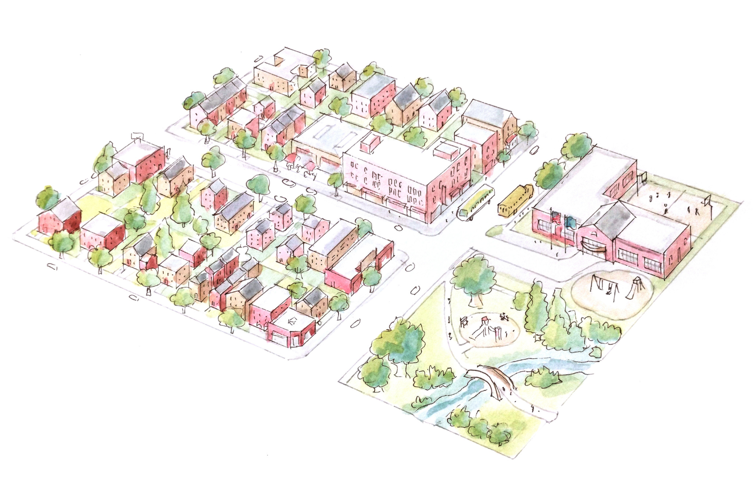 A watercolor illustration of a complete neighborhood with mixed housing types, schools, shops, green space, and playgrounds.