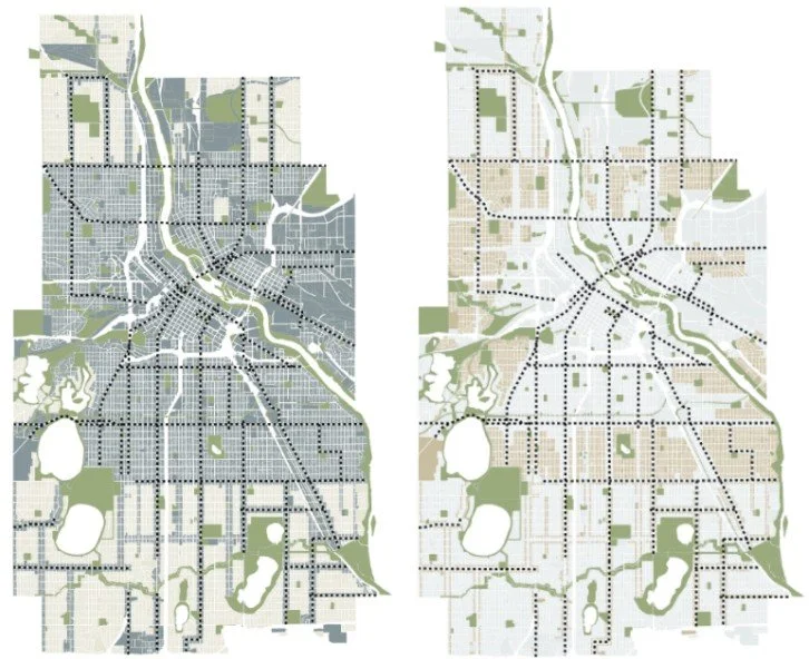 Figure 3: Interior 1 (left map, in cream color) and Interior 2 (right map, in tan) Built Form Overlay districts.