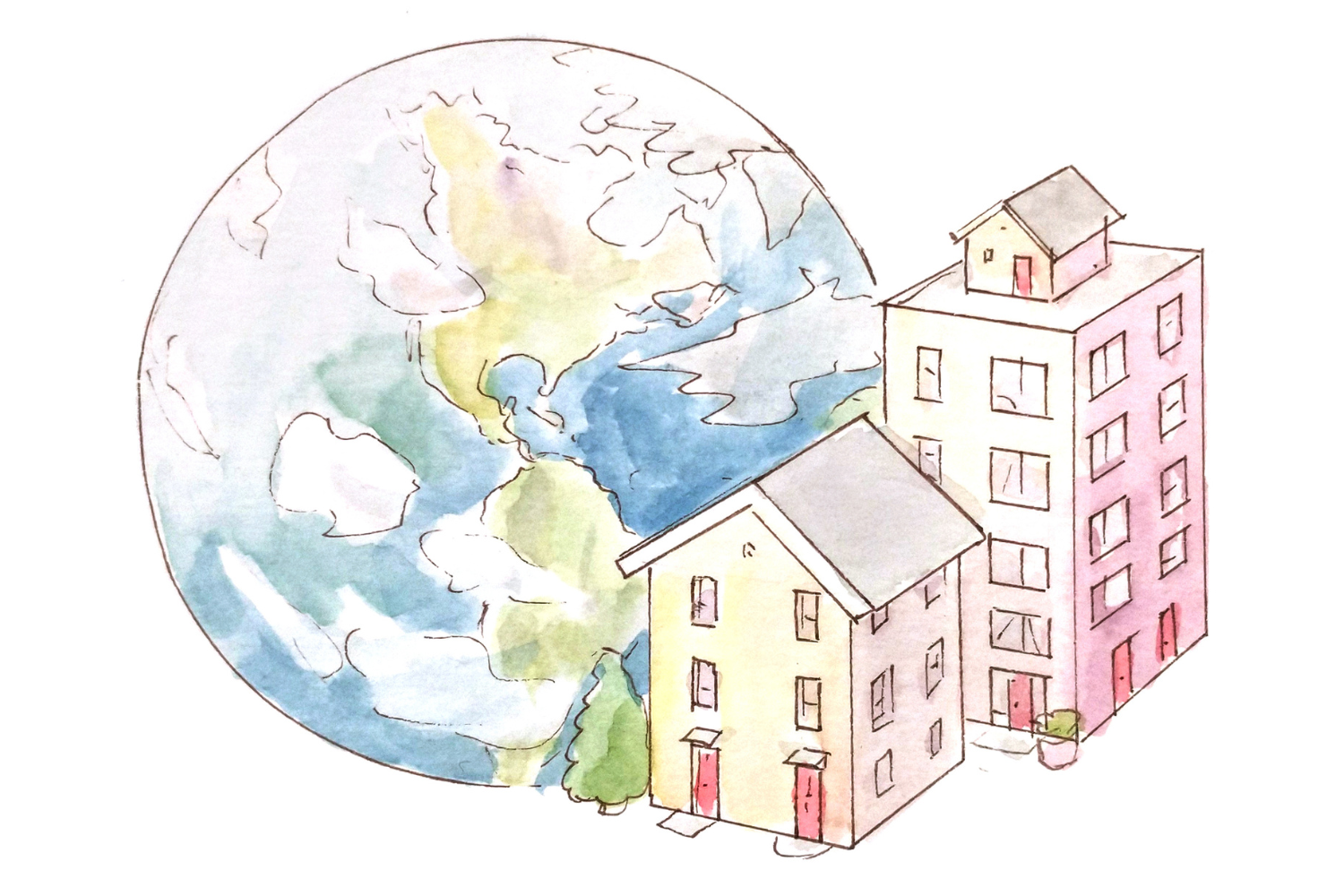 A watercolor illustration of homes and trees next to the earth.