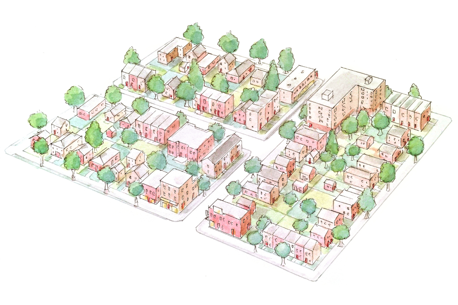 A watercolor illustration of a neighborhood with mixed housing types.