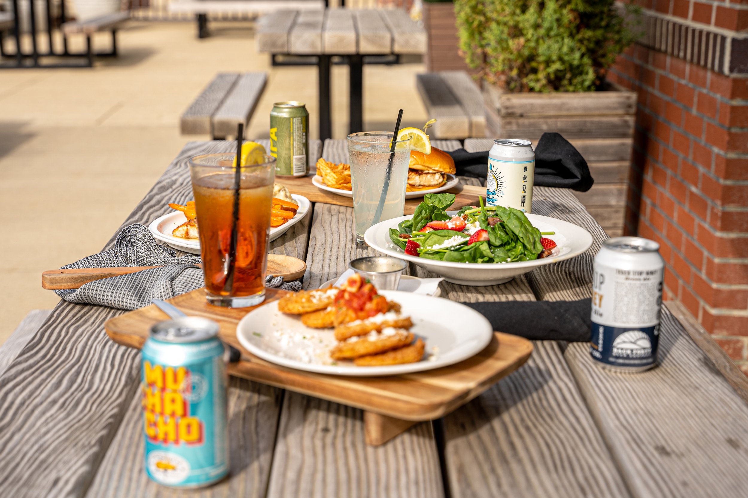 Outdoor picnic table with plates of fried chicken, salad, sandwiches, French fries, and drinks including soda and beer.