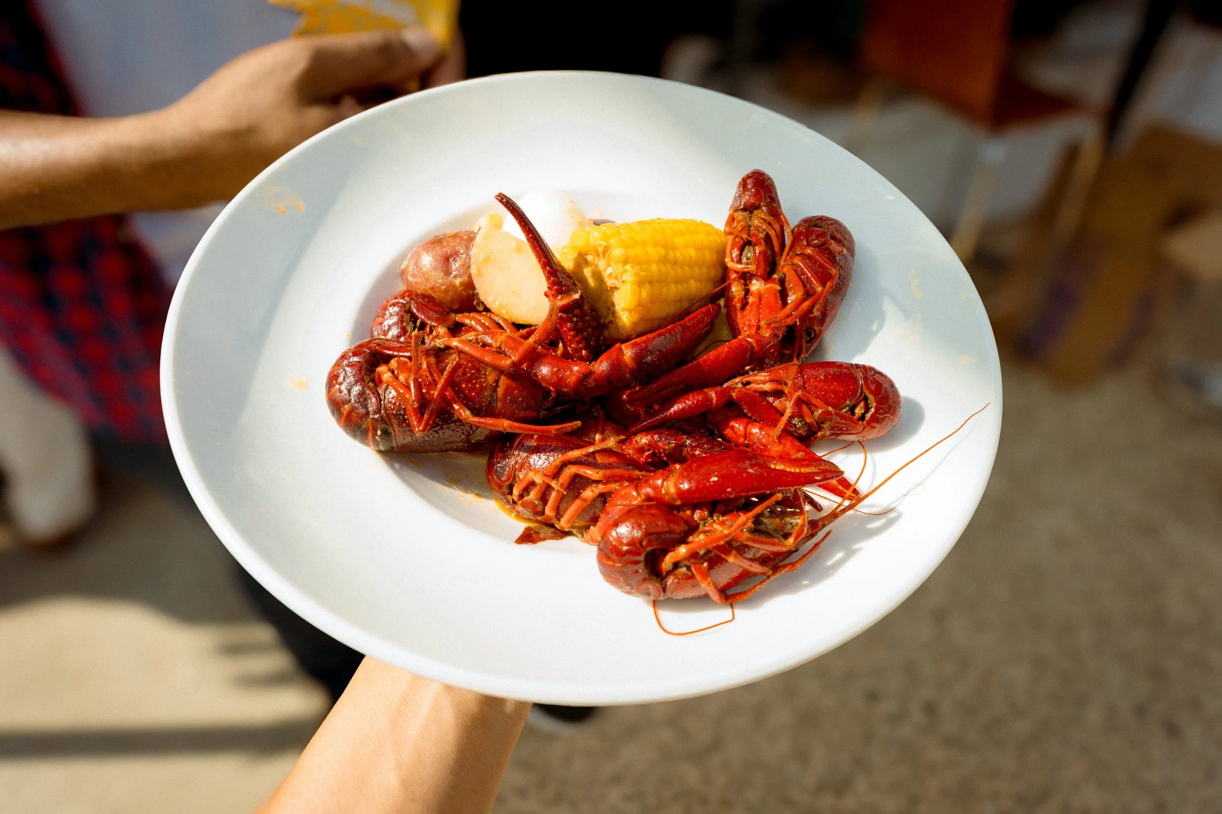 A white plate with cooked lobster, corn on the cob, potato, and sliced plantain, held by a person.