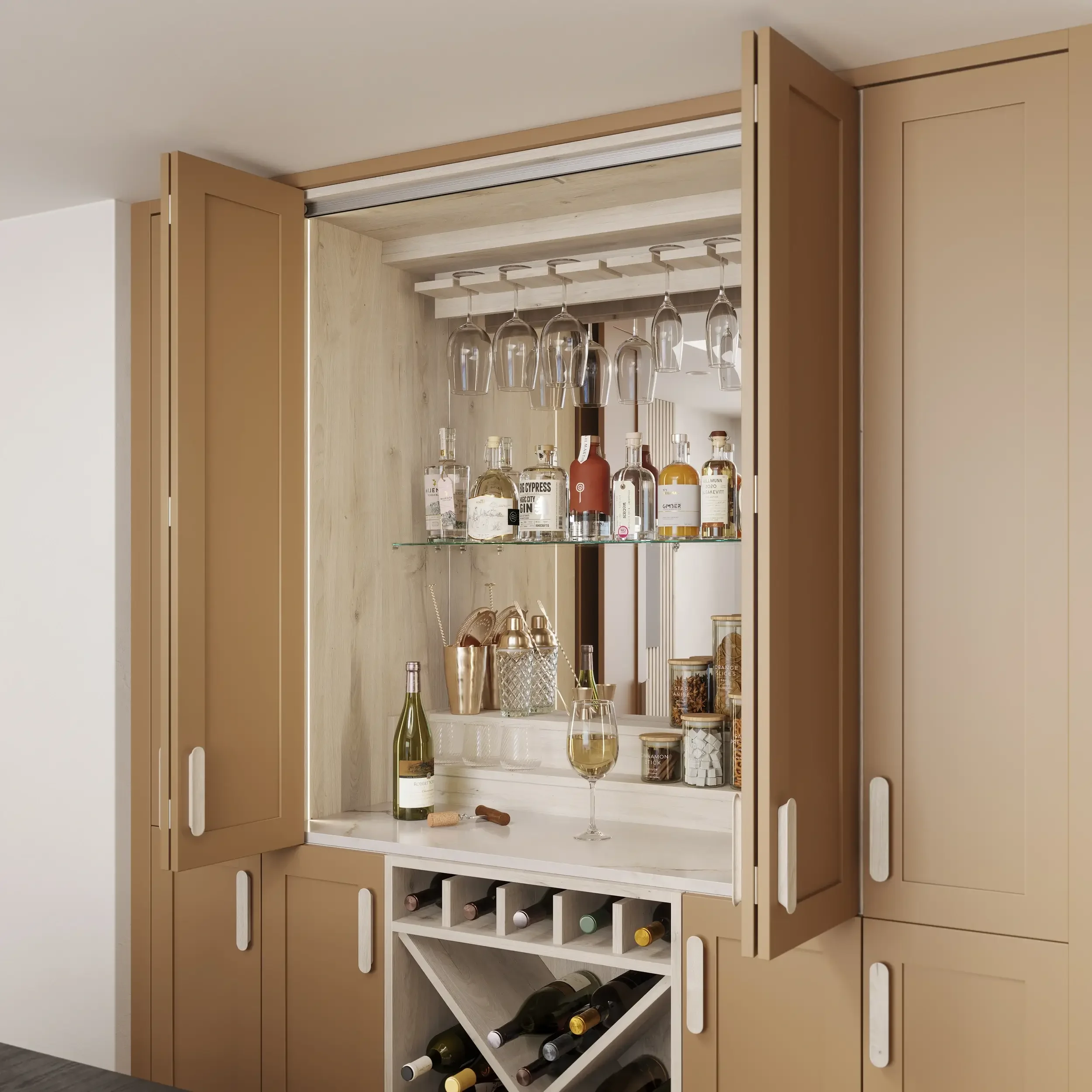 A kitchen cabinet with wine storage, glassware, and liquor bottles displayed inside.