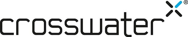 Crosswater logo with black and blue design elements.
