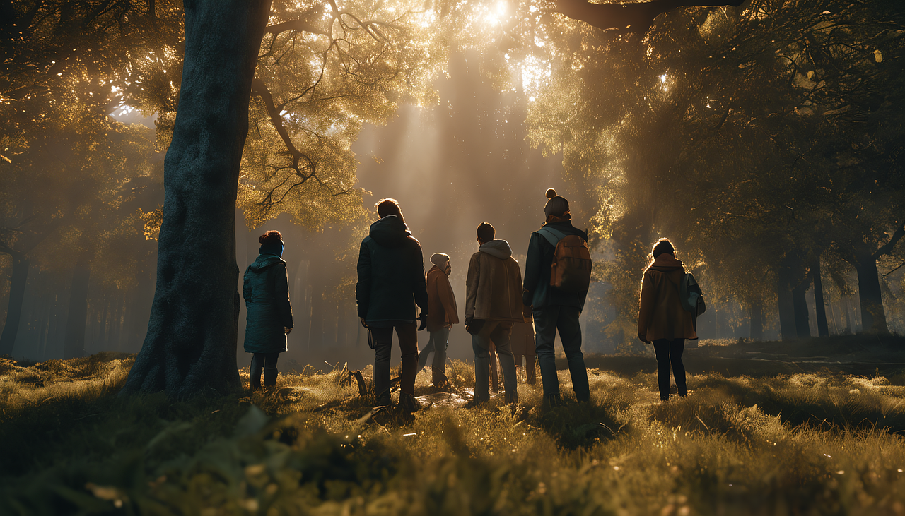 People stood in dappled sunlight in a forest