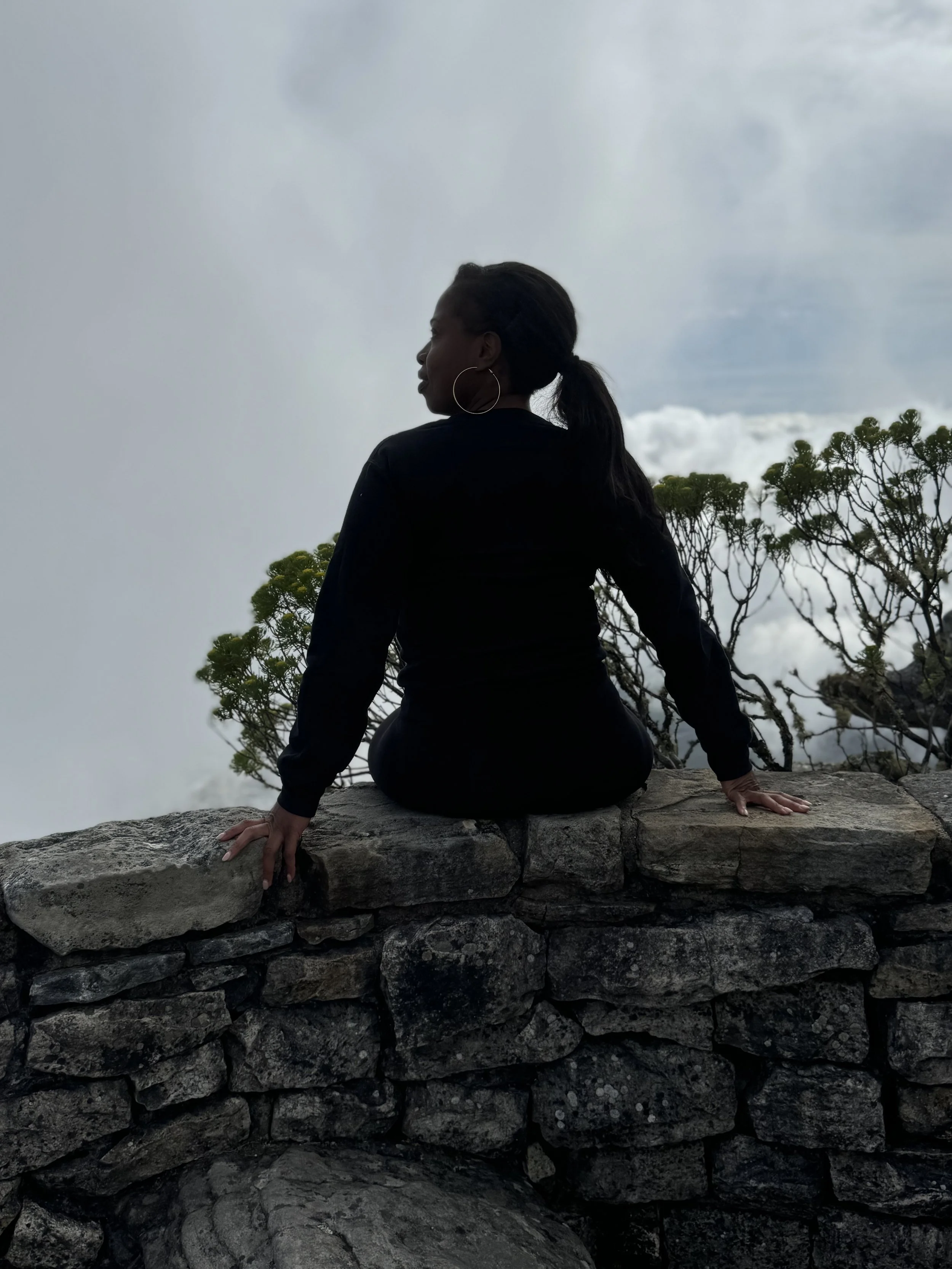 A woman sits on a stone wall facing away from the camera, looking out toward trees and an overcast sky, paused in a quiet moment outdoors.