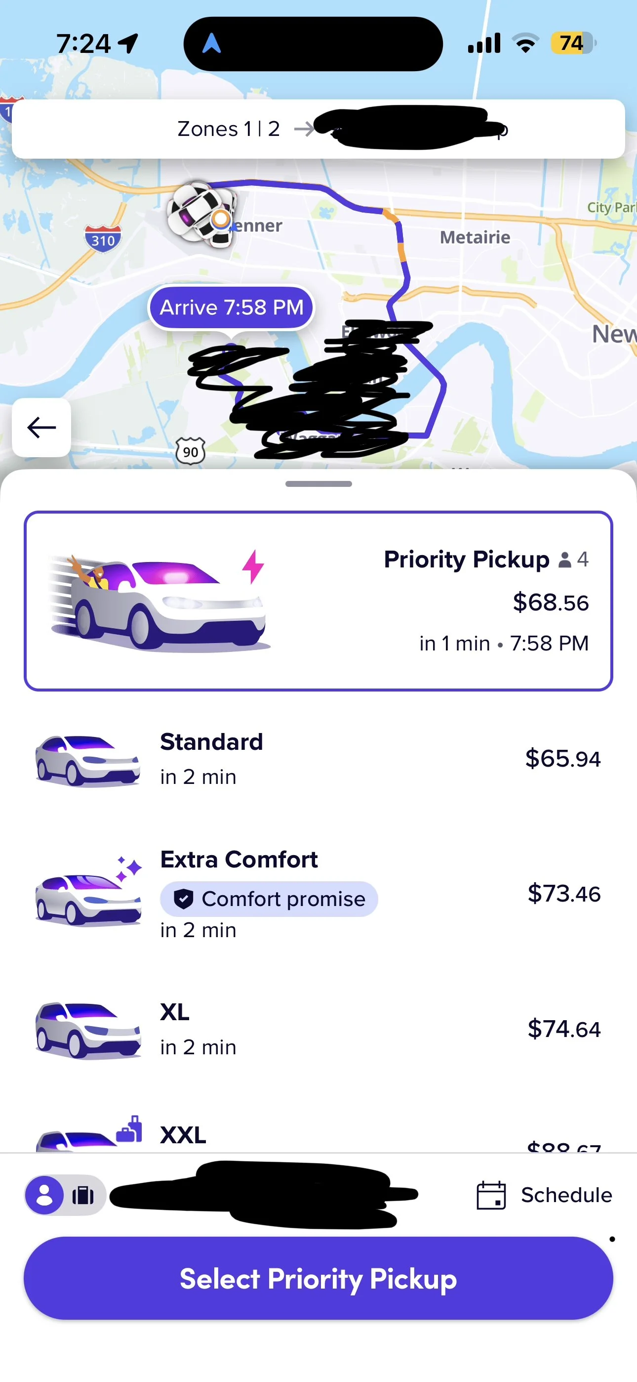 Screenshot of an Uber rid from Louis Armstrong International Airport to Westwego, Louisiana, showing fares between approximately $65 and $75 for a short evening trip.