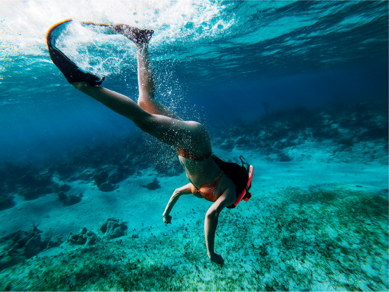 Person diving underwater in the ocean with coral and rocks on the seafloor.