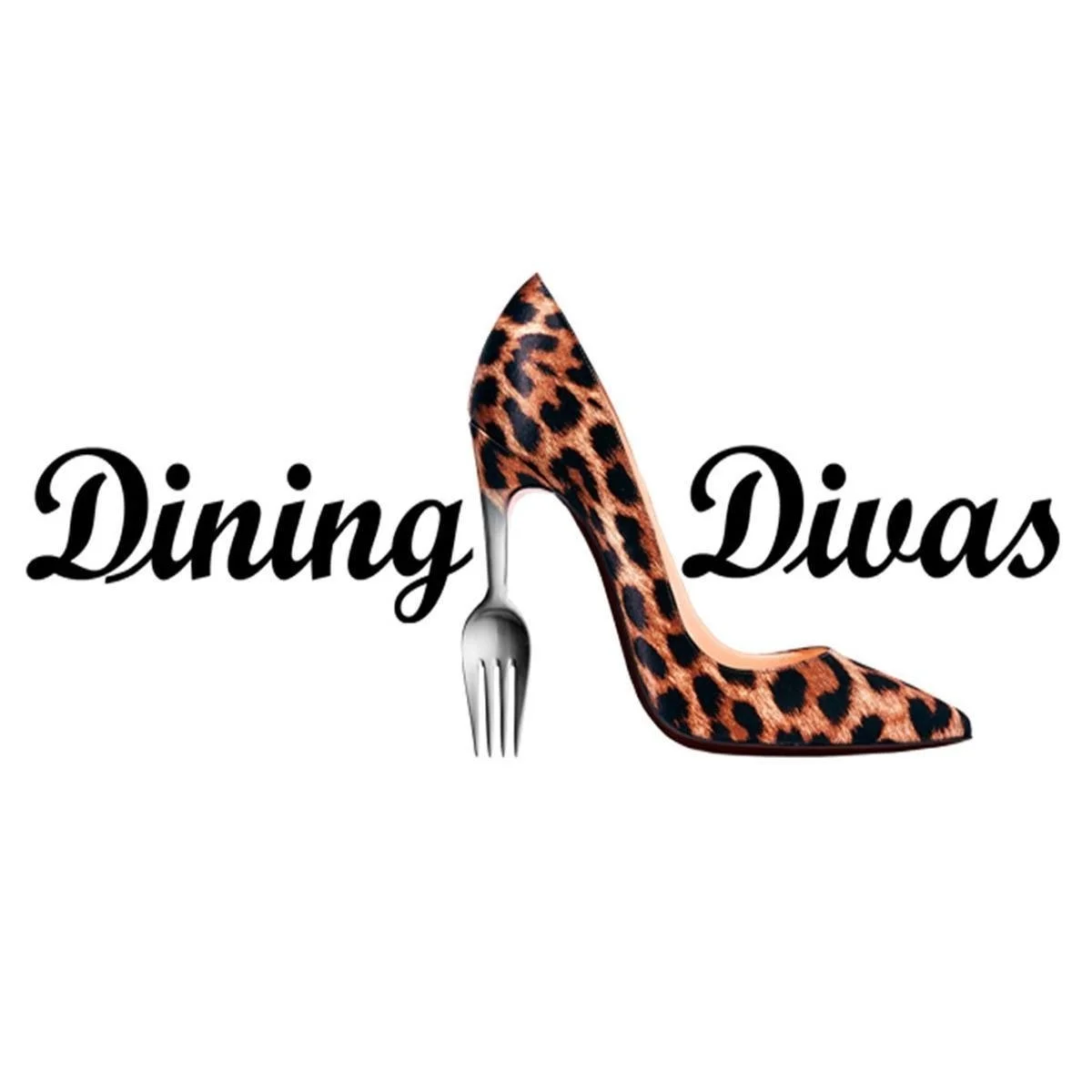 Text reading 'Dining Divas' with a leopard print high-heeled shoe replacing the apostrophe, and a fork forming the heel of the shoe.