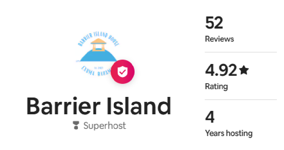 Barrier Island logo with a gazebo and a shield icon, showing 52 reviews, a 4.92-star rating, and 4 years hosting.