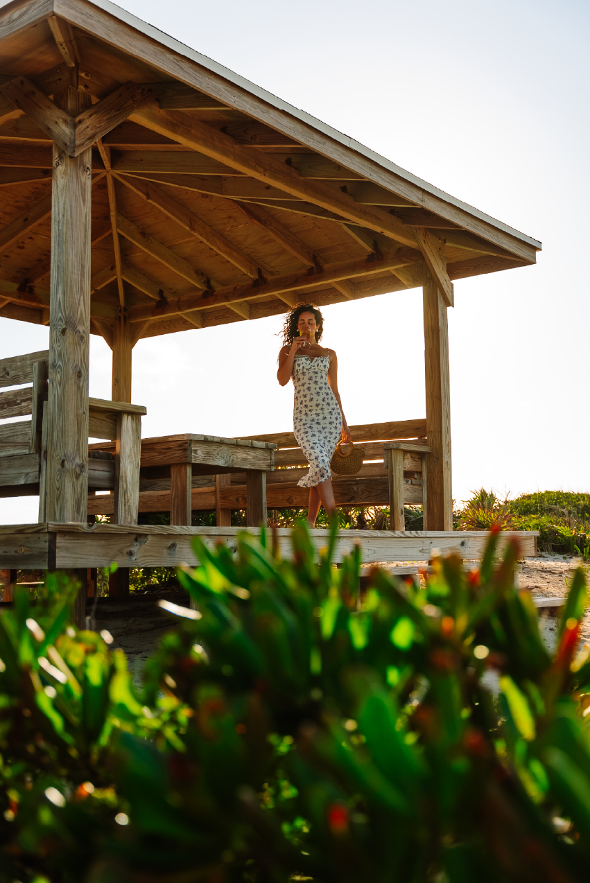A woman in a floral dress holding a basket stands on a wooden platform under a gazebo at sunset, with green bushes in the foreground.