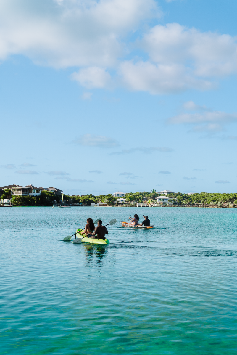 People kayaking and paddleboarding on calm water near a scenic shoreline with houses and trees under a partly cloudy sky.