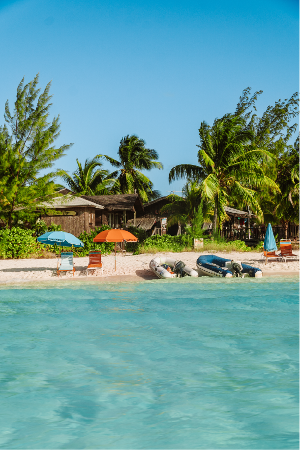 A tropical beach scene with clear turquoise water, sandy shore, colorful umbrellas, palm trees, and wooden cottages in the background.