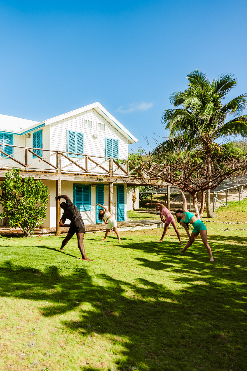 People practicing yoga outdoors on a grassy lawn in front of a white house with blue shutters, palm trees, and a clear blue sky.