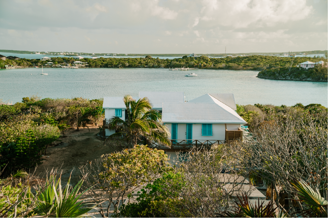 A white house with blue shutters and a deck, surrounded by trees and shrubs, overlooking a body of water with a sailboat and other boats.