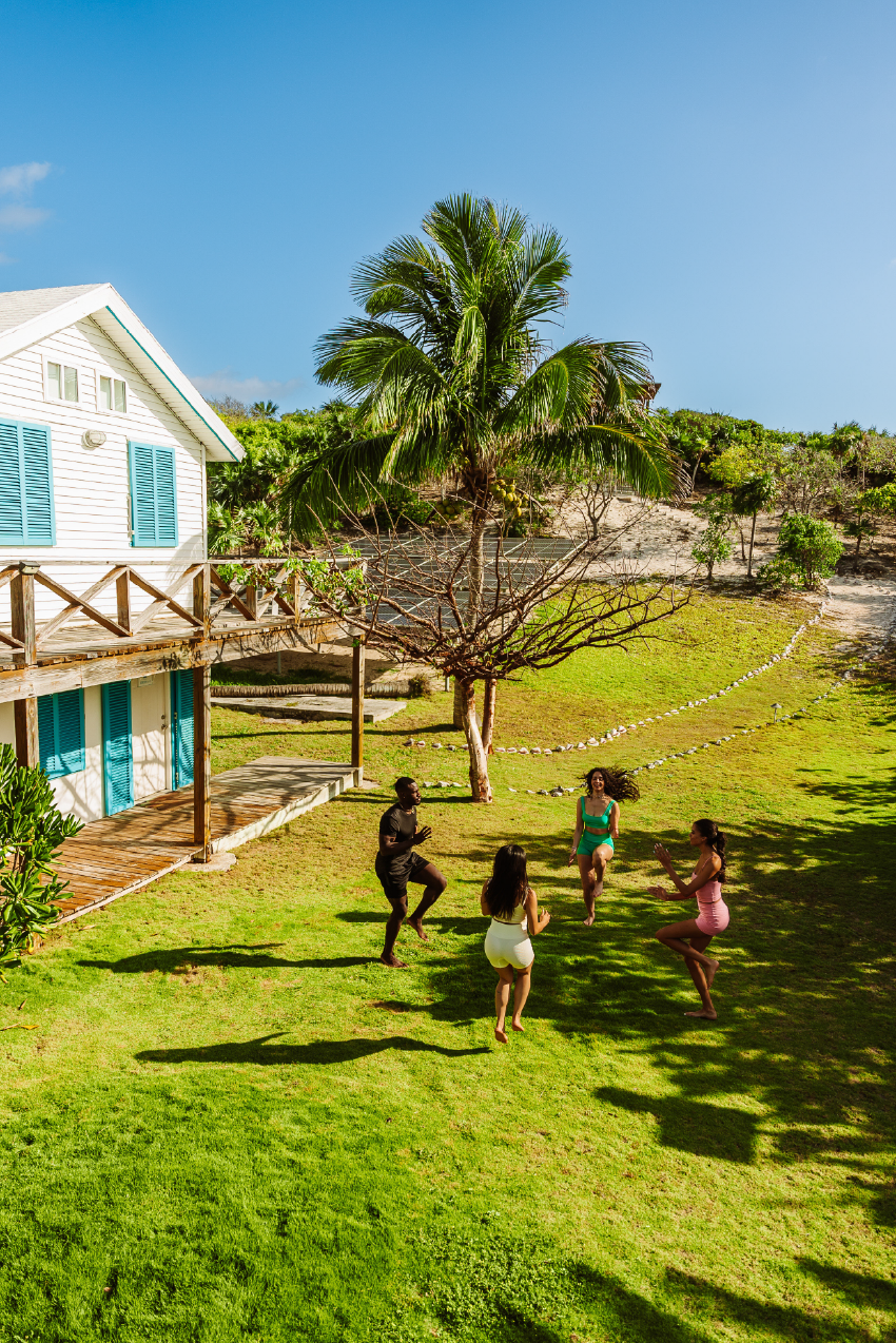 Four people dancing on a grassy lawn near a white beach house with blue shutters, surrounded by trees including a palm tree, under a clear blue sky.