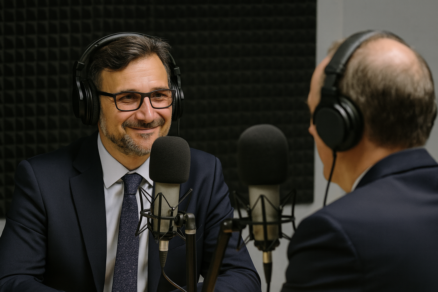 Two men in suits and glasses wearing headphones and speaking into microphones in a recording studio.