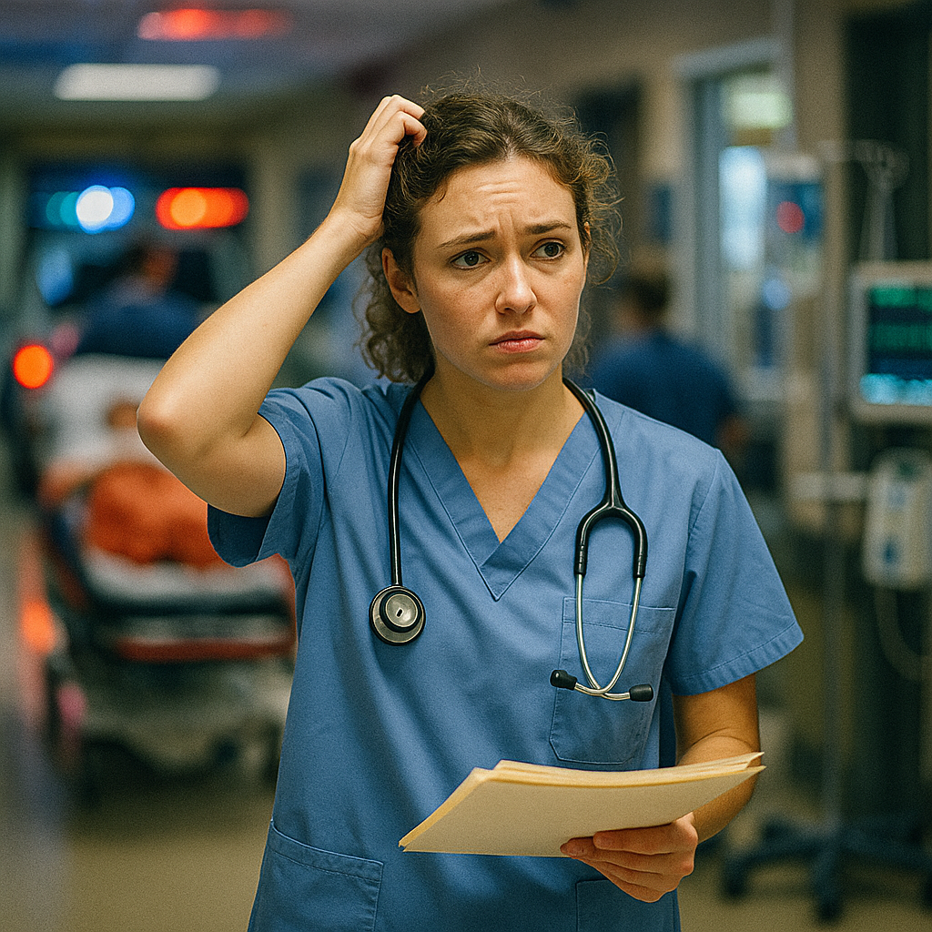 A female nurse or doctor wearing blue scrubs and a stethoscope around her neck, with a concerned or puzzled expression, holding a clipboard, in a hospital emergency room environment.