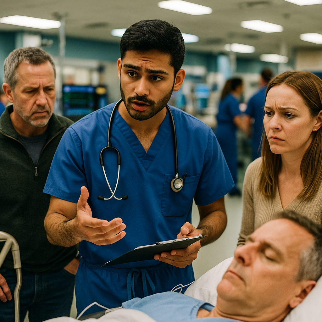 Medical team in a hospital room attending to a patient on the bed, with the nurse taking notes and talking to two visitors.