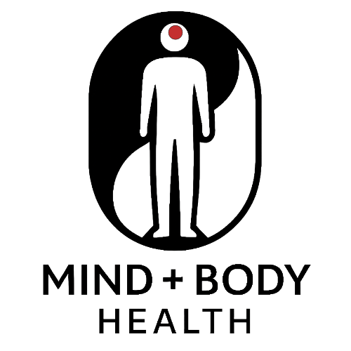 Logo with a simple line drawing of a human figure inside a ying-yang circle, with a red dot inside the head, and the text "MIND + BODY HEALTH" below.