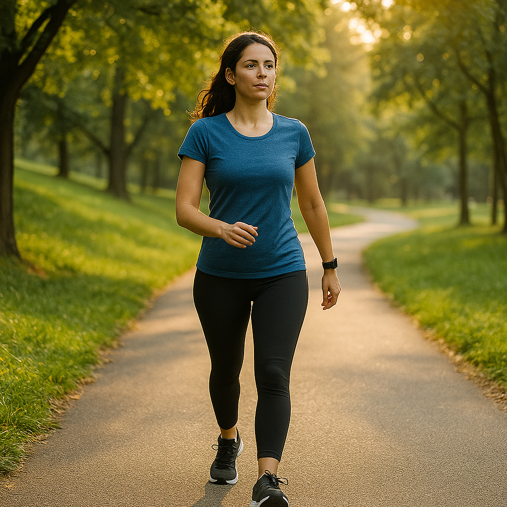 Woman jogging on a tree-lined park path during sunset.