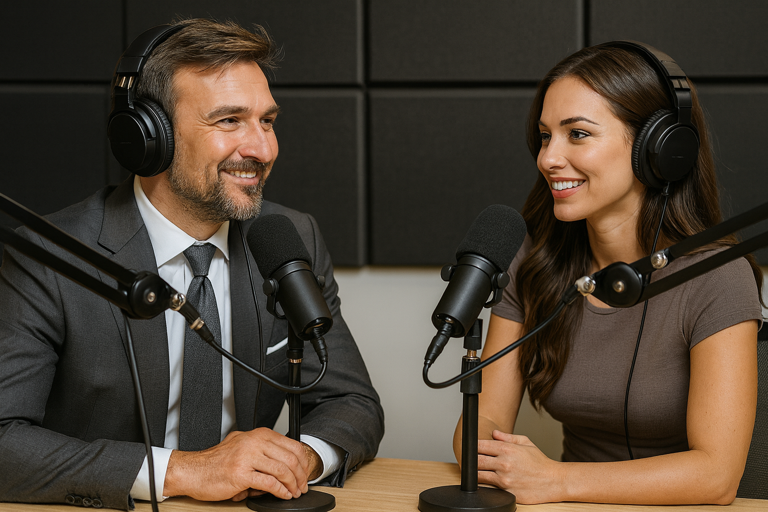 A man and woman wearing headphones are sitting at a table with microphones, recording a podcast or radio show together.