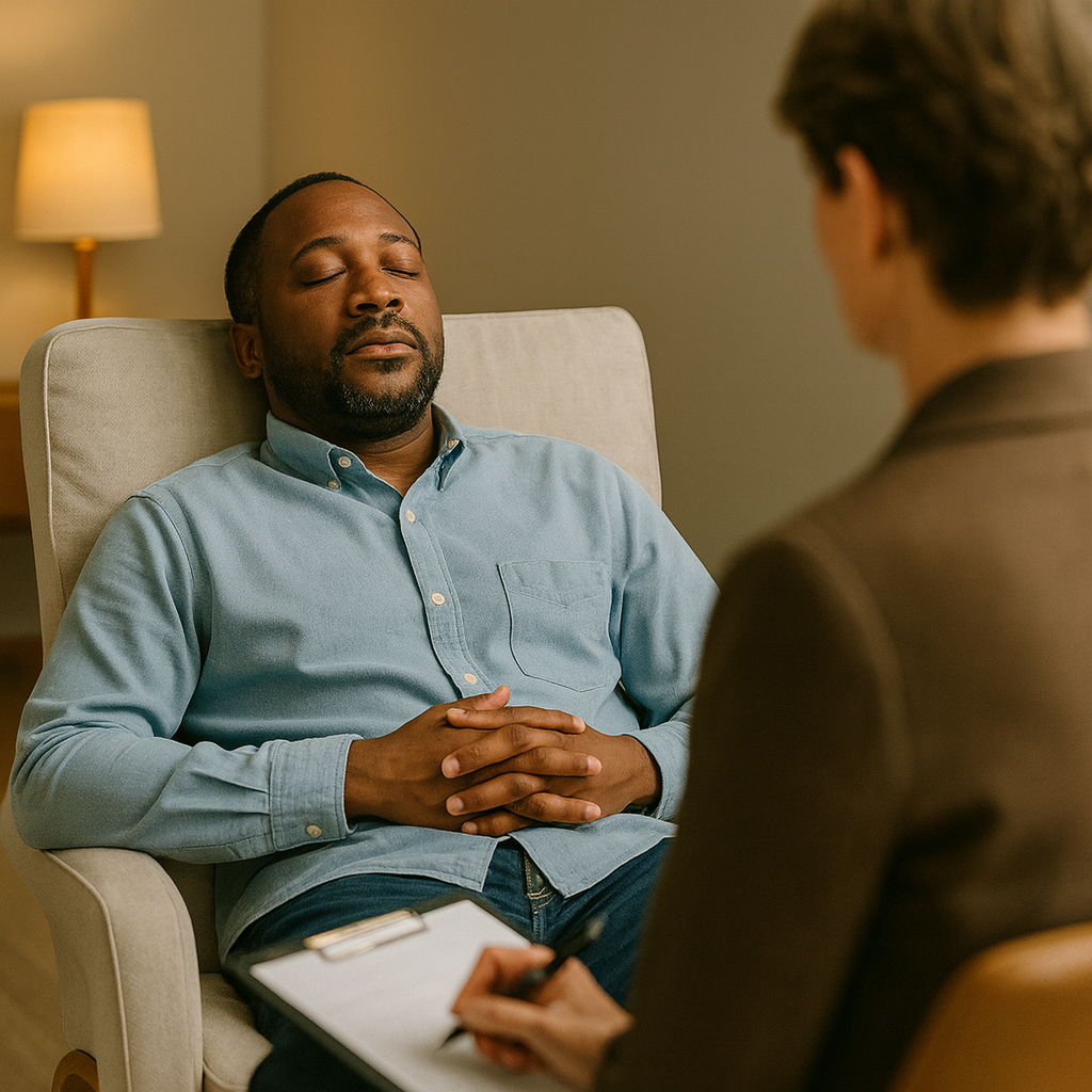 A man in a blue shirt sitting with his eyes closed and hands clasped, talking to a counselor or therapist who is holding a notepad and pen in a therapy session.