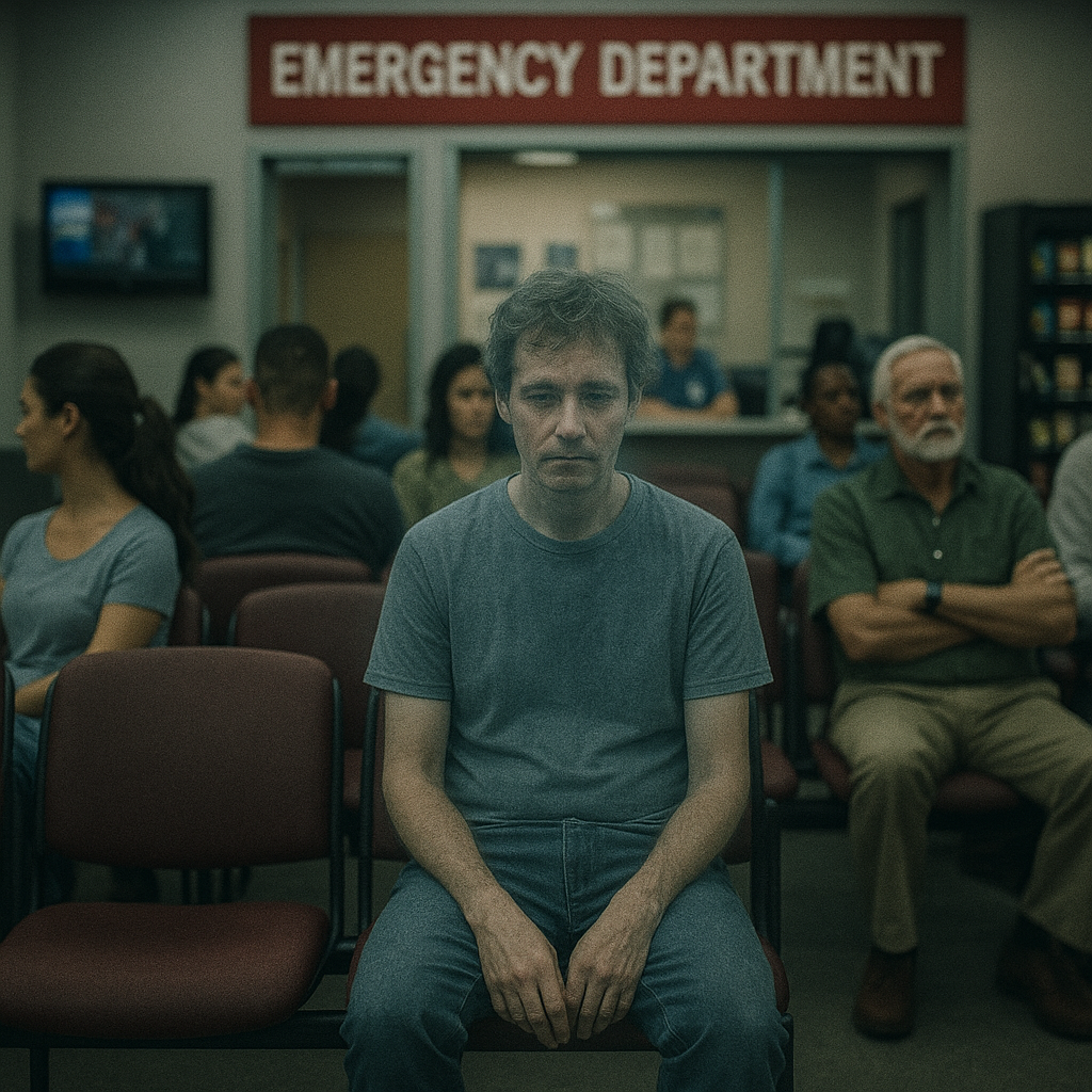A man sitting alone in a crowded hospital emergency department waiting room, looking tired and somber.
