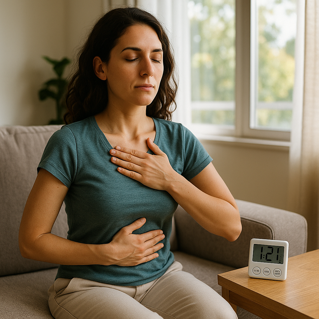 A woman sitting on a beige couch with her eyes closed, clutching her chest and stomach, appearing to experience chest pain. There is a digital timer showing 1:21 on a wooden table beside her.