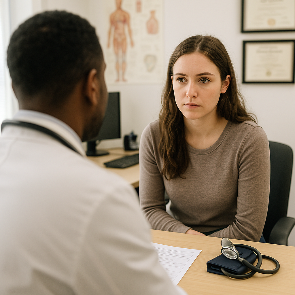 A young woman having a consultation with a doctor in an office. The doctor, wearing a white coat, is facing away from the camera. The woman is looking at the doctor with a serious expression. There are medical diplomas on the wall and a medical poster in the background.