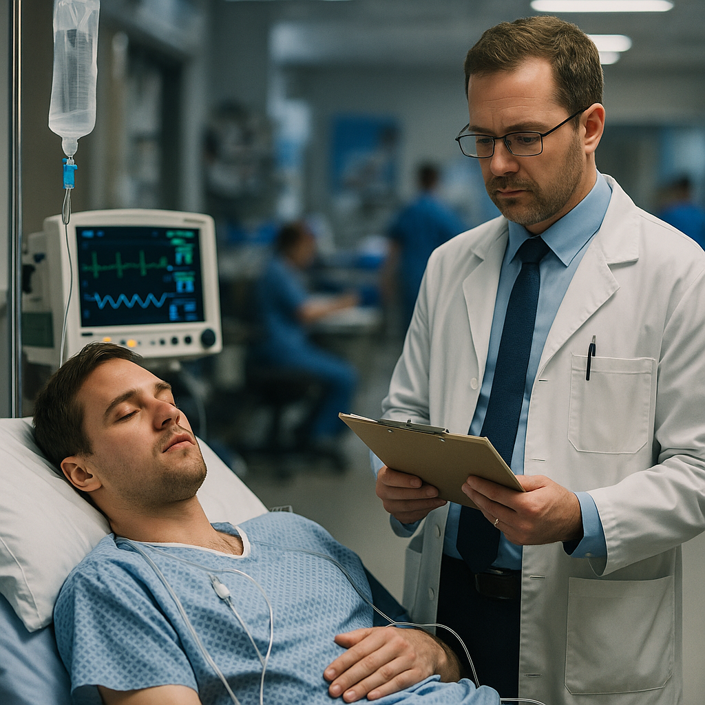 A doctor standing next to a patient lying in a hospital bed, with an IV drip and heart monitor in the background, in a hospital setting.